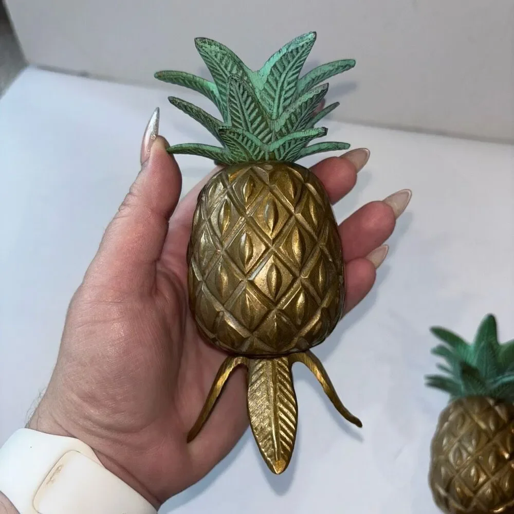 Vintage Pair Solid Brass & Green Pineapple Candle Holders